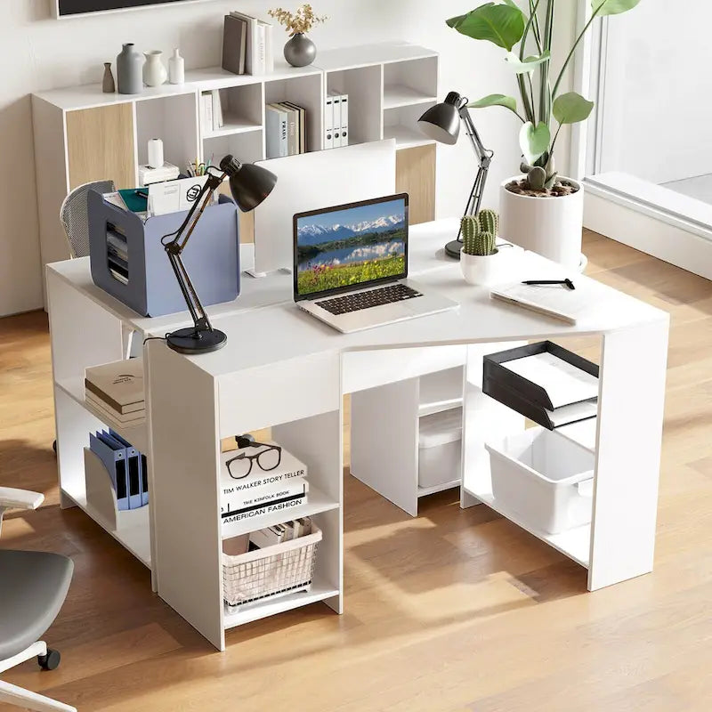 Bureau d'ordinateur en L avec tiroir et étagères de rangement pour la maison