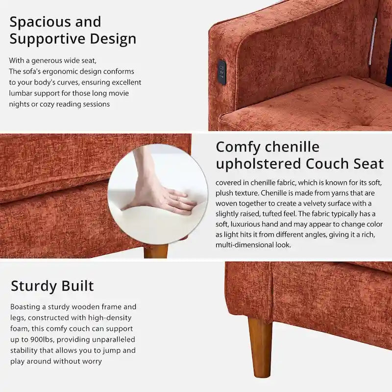 Causeuse de style moderne avec accoudoirs carrés de 208 cm de largeur en tissu chenille avec ports USB