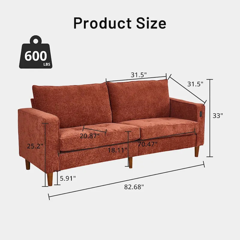 Causeuse de style moderne avec accoudoirs carrés de 208 cm de largeur en tissu chenille avec ports USB