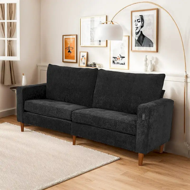 Causeuse de style moderne avec accoudoirs carrés de 208 cm de largeur en tissu chenille avec ports USB