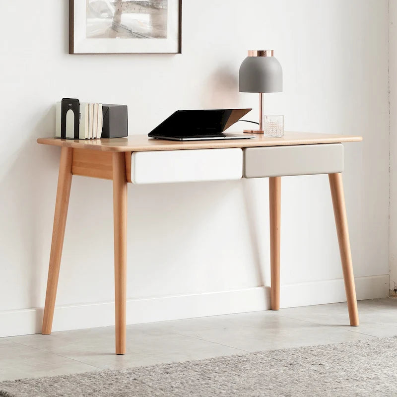 Bureau d'ordinateur en bois massif - Grand bureau de 120 cm avec 2 tiroirs