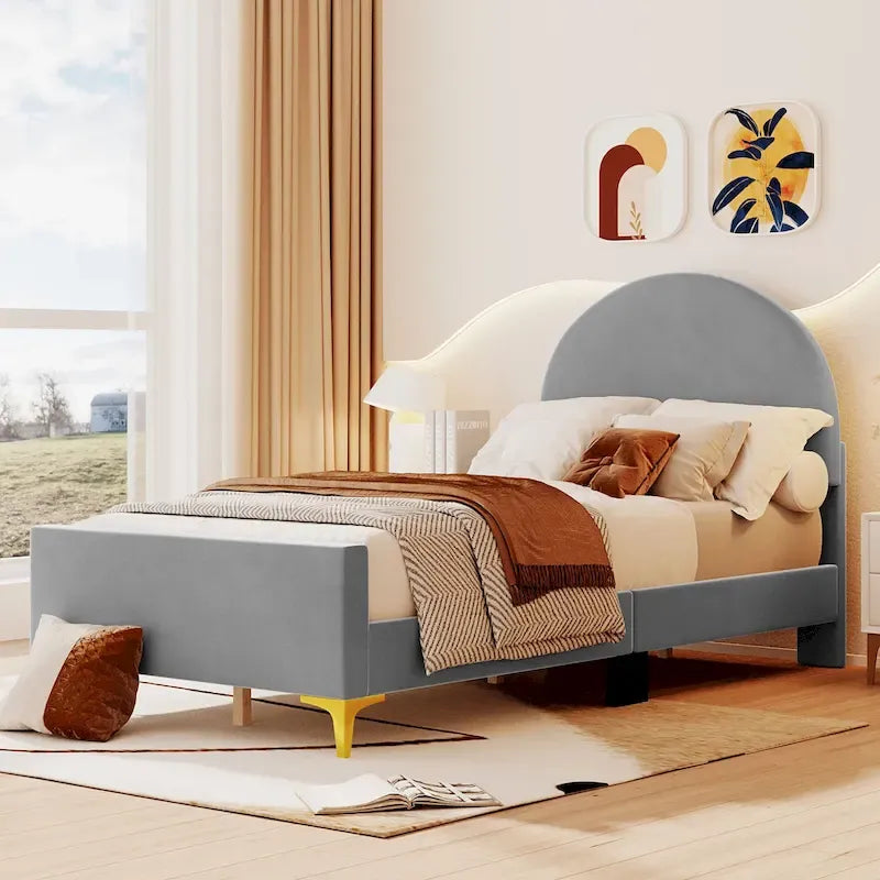 Lit plateforme une place en velours avec tête de lit demi-cercle