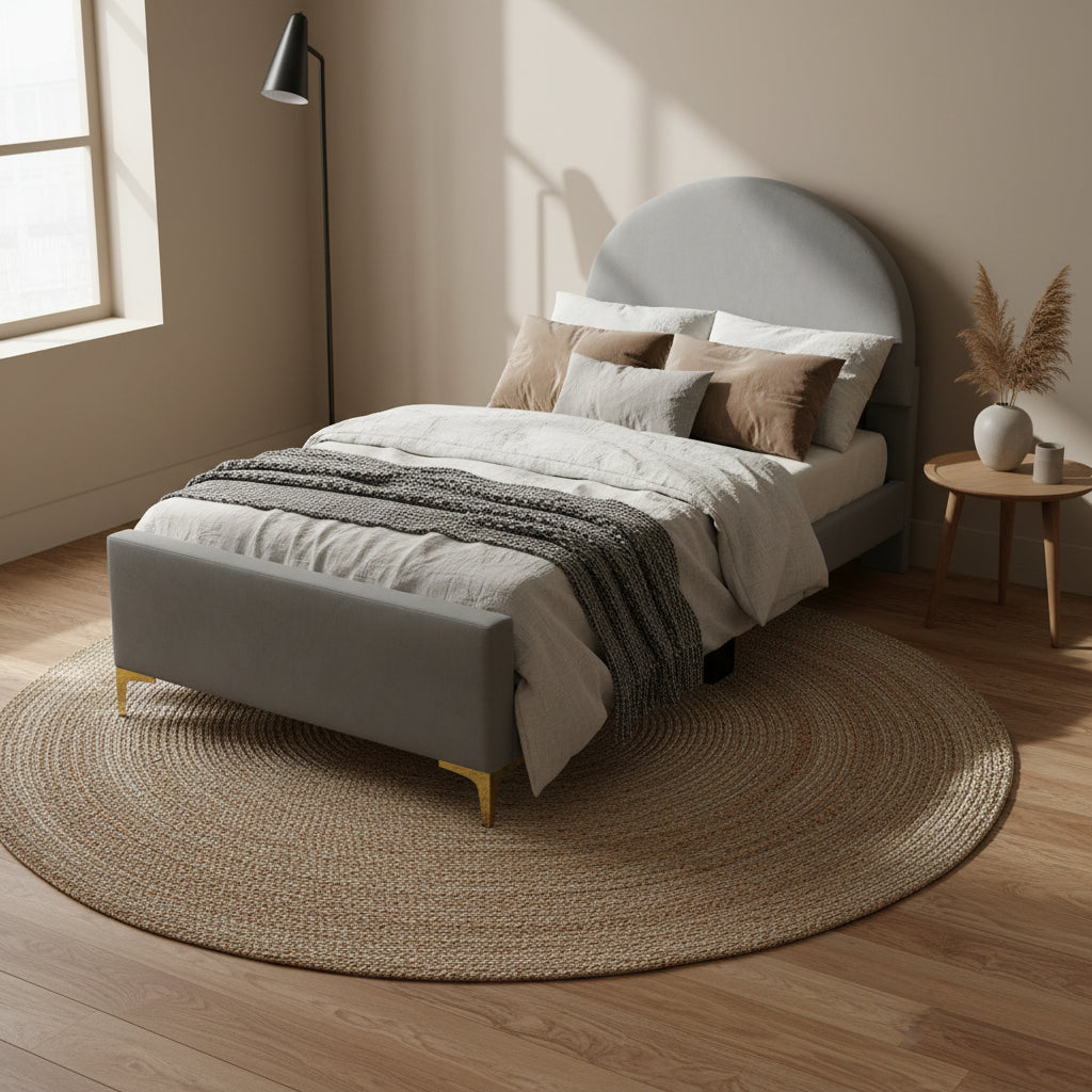 Lit plateforme une place en velours avec tête de lit demi-cercle