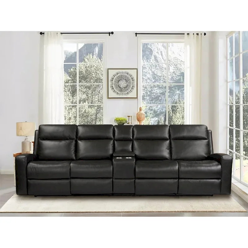 Canapé inclinable électrique en cuir véritable 4 places pour salon avec console, port USB, appuie-tête réglable