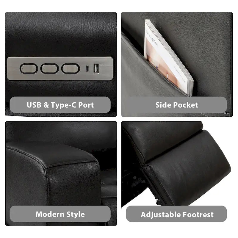Canapé inclinable électrique en cuir véritable 4 places pour salon avec console, port USB, appuie-tête réglable