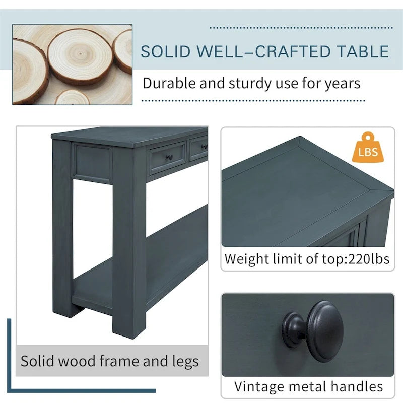 Console rustique avec tiroirs de rangement et étagère inférieure