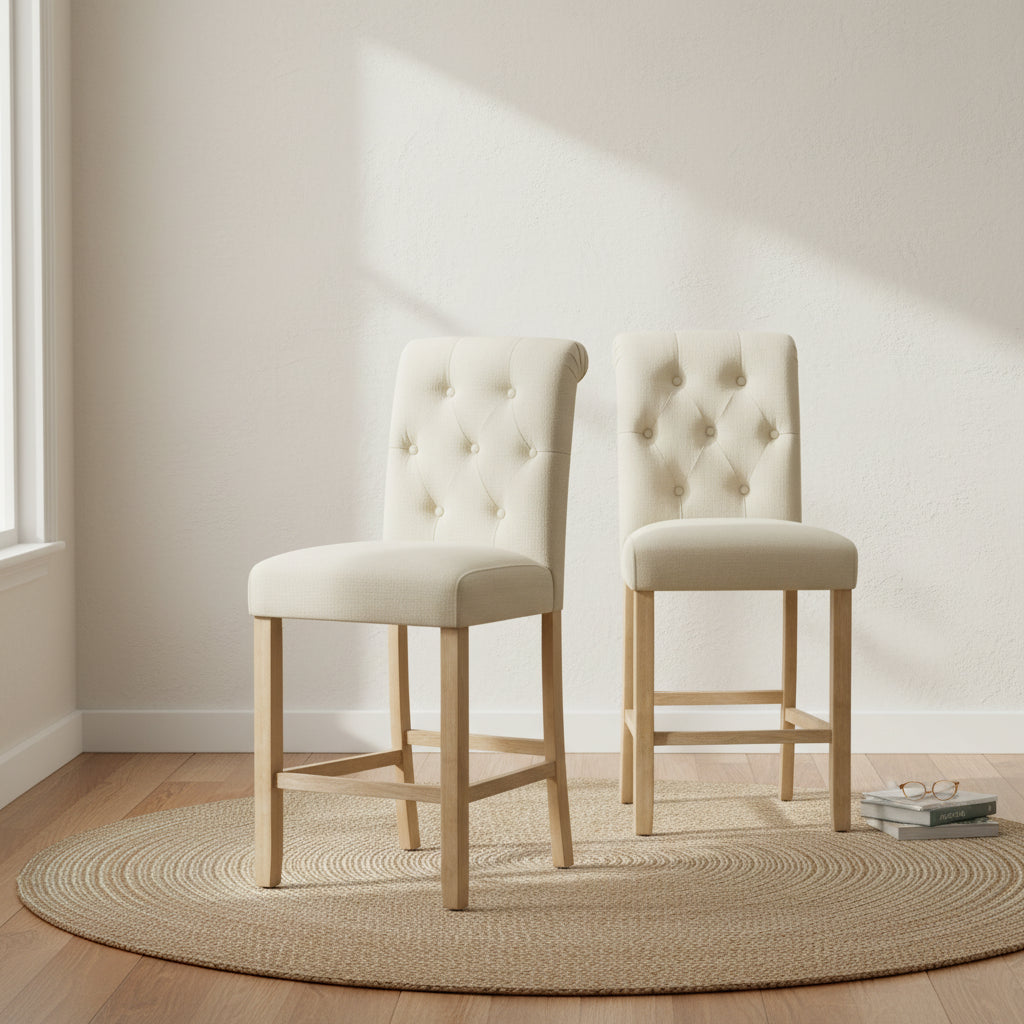 Roundhill Furniture Siena Counter Height Button Tufted Back Solid Wood Stools, Set of 2