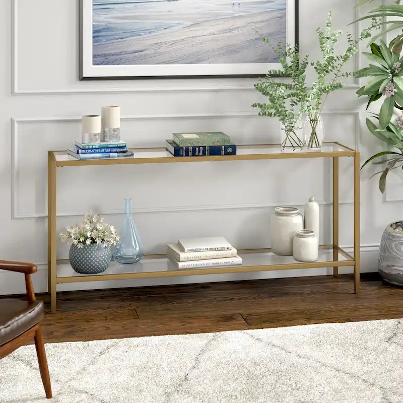 Console rectangulaire large avec étagère en verre - 162,5 cm de large