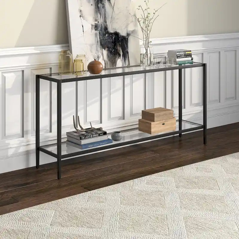 Console rectangulaire large avec étagère en verre - 162,5 cm de large
