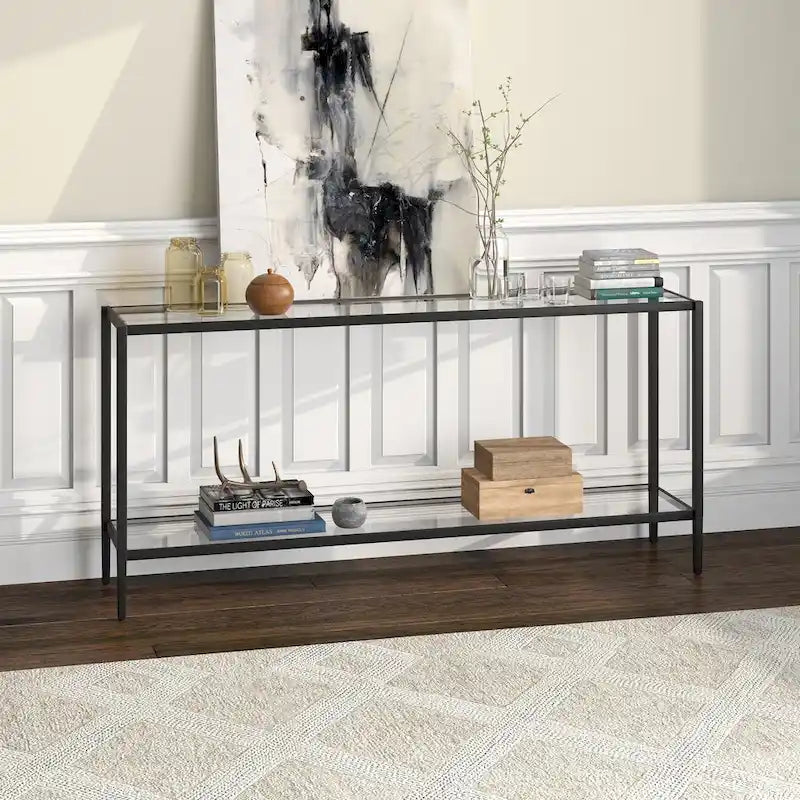 Console rectangulaire large avec étagère en verre - 162,5 cm de large