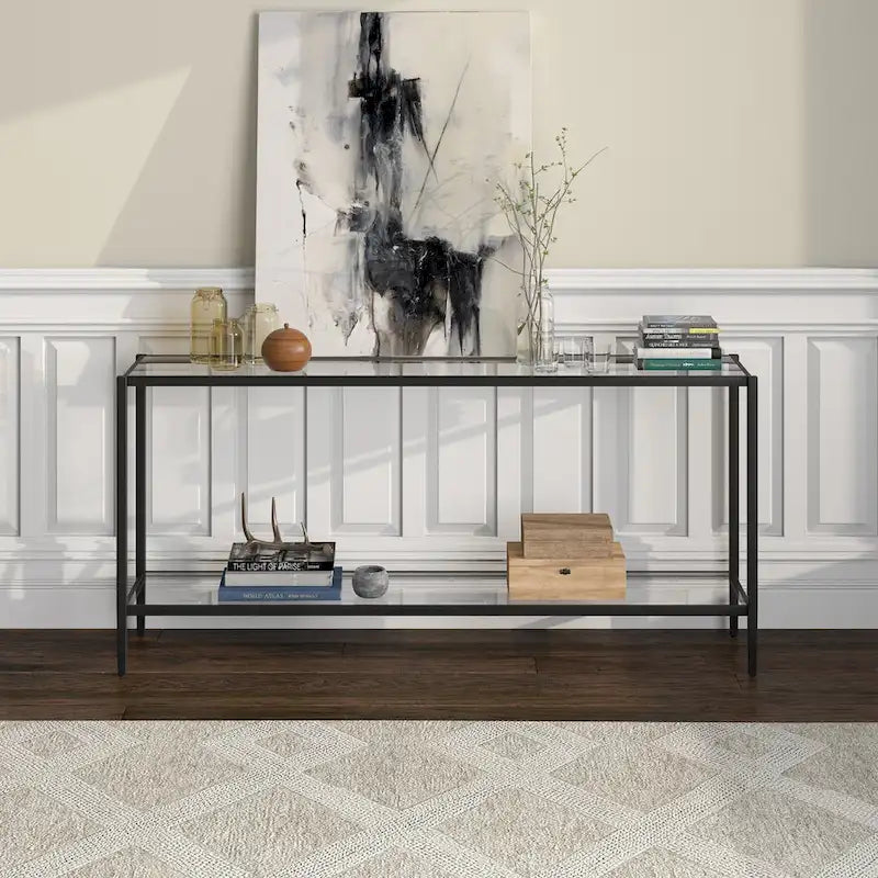 Console rectangulaire large avec étagère en verre - 162,5 cm de large