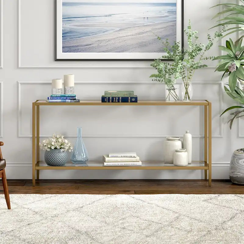 Console rectangulaire large avec étagère en verre - 162,5 cm de large