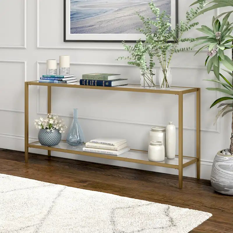 Console rectangulaire large avec étagère en verre - 162,5 cm de large
