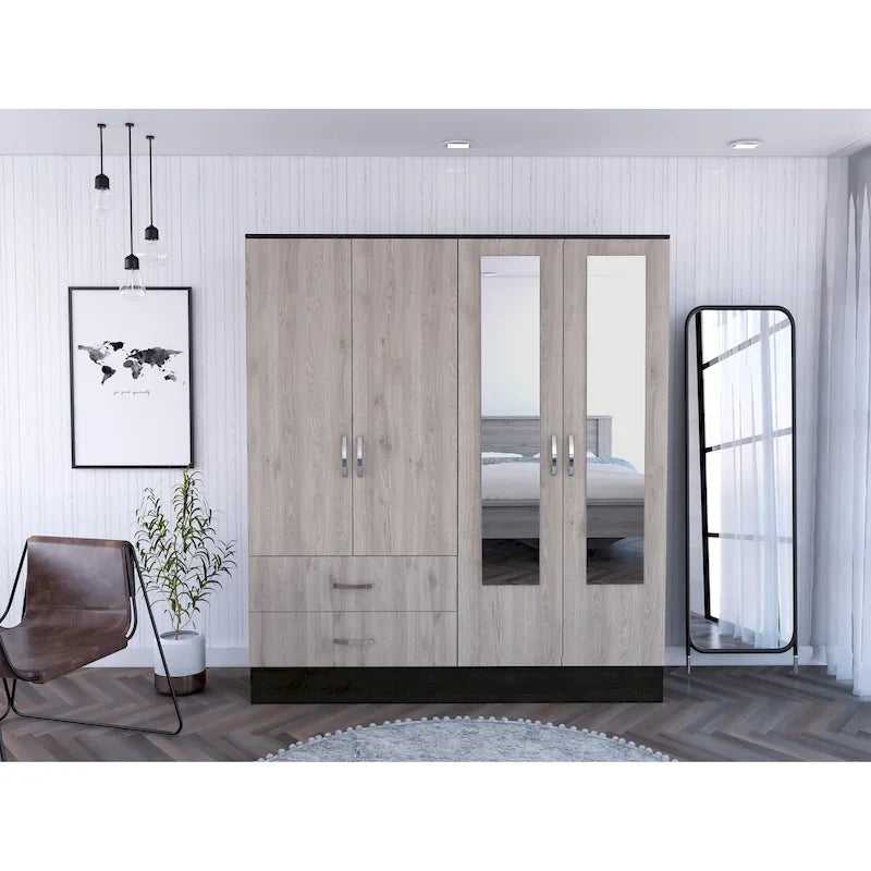160 Armoire avec 9 étagères, 2 armoires, miroirs, 2 tiroirs et tringle - S/O