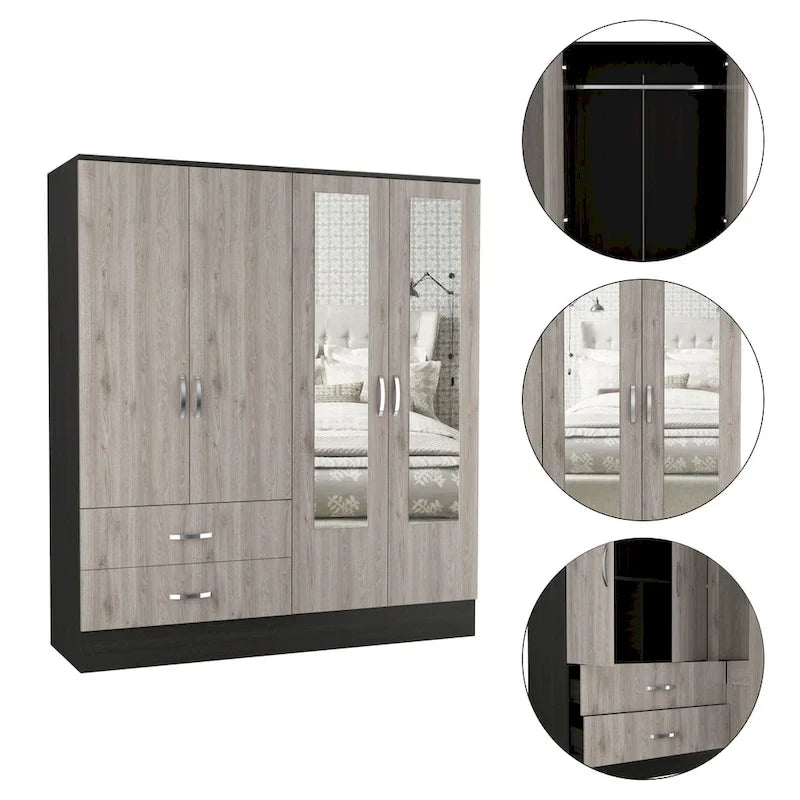 160 Armoire avec 9 étagères, 2 armoires, miroirs, 2 tiroirs et tringle - S/O