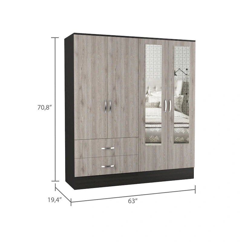 160 Armoire avec 9 étagères, 2 armoires, miroirs, 2 tiroirs et tringle - S/O