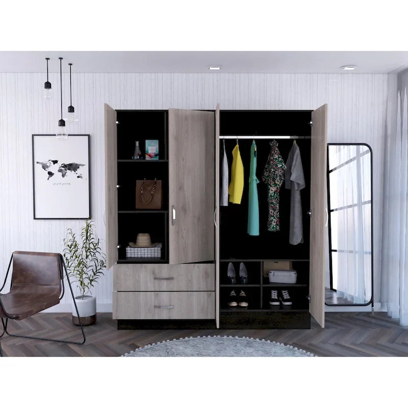 160 Armoire avec 9 étagères, 2 armoires, miroirs, 2 tiroirs et tringle - S/O
