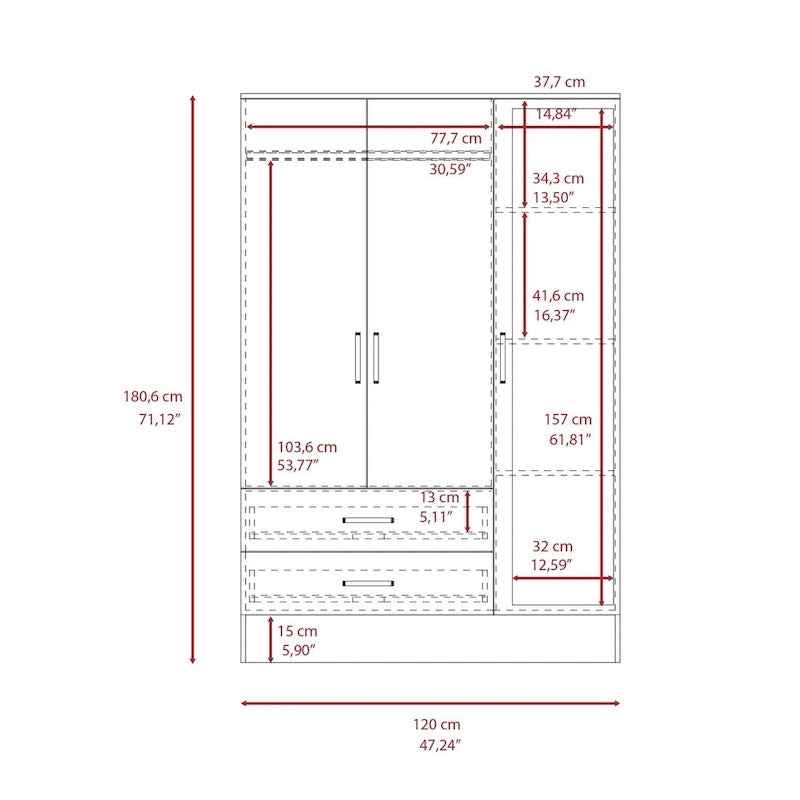 160 Armoire avec 9 étagères, 2 armoires, miroirs, 2 tiroirs et tringle - S/O
