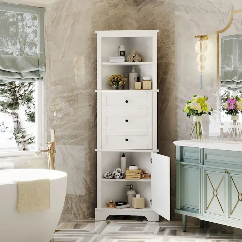 Meuble haut d'angle avec 3 tiroirs et étagères réglables pour salle de bain