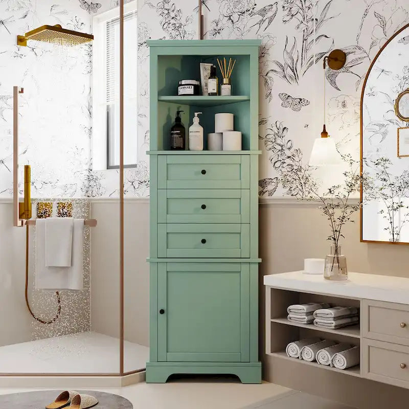Meuble haut d'angle avec 3 tiroirs et étagères réglables pour salle de bain