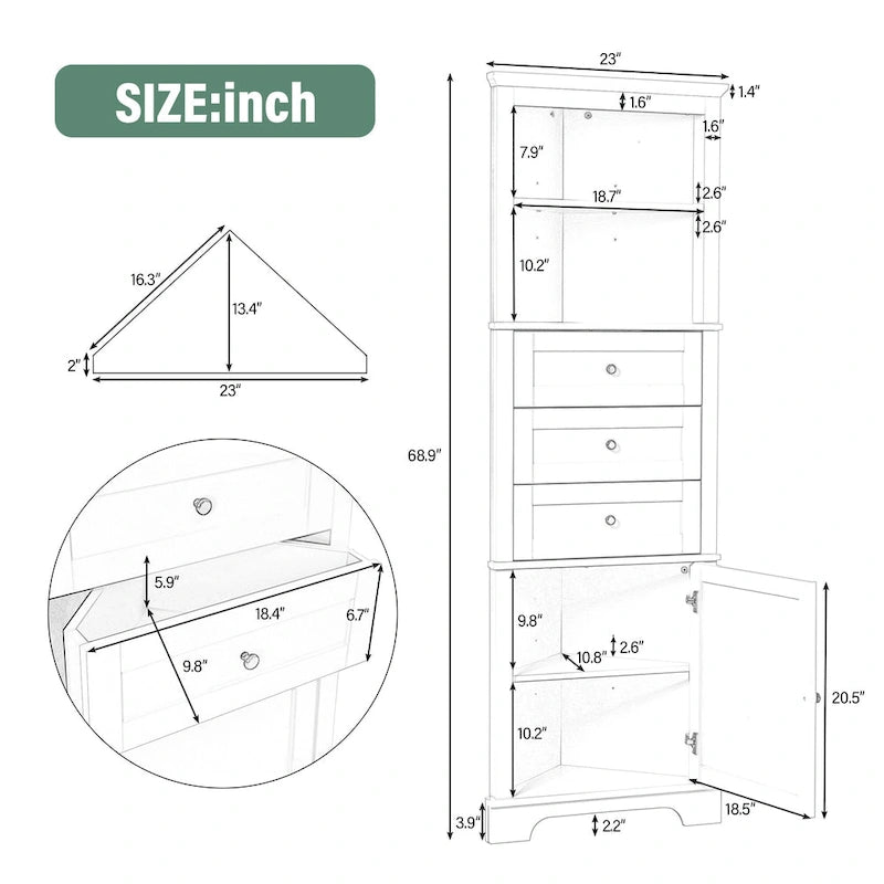 Meuble haut d'angle avec 3 tiroirs et étagères réglables pour salle de bain
