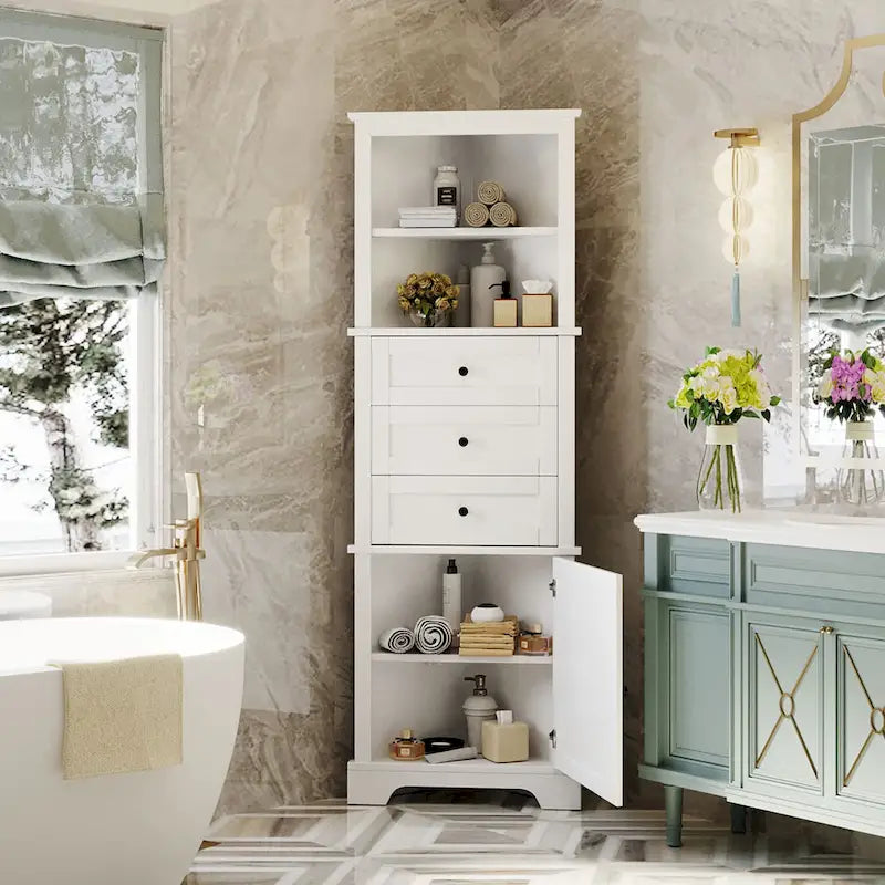 Meuble haut d'angle avec 3 tiroirs et étagères réglables pour salle de bain