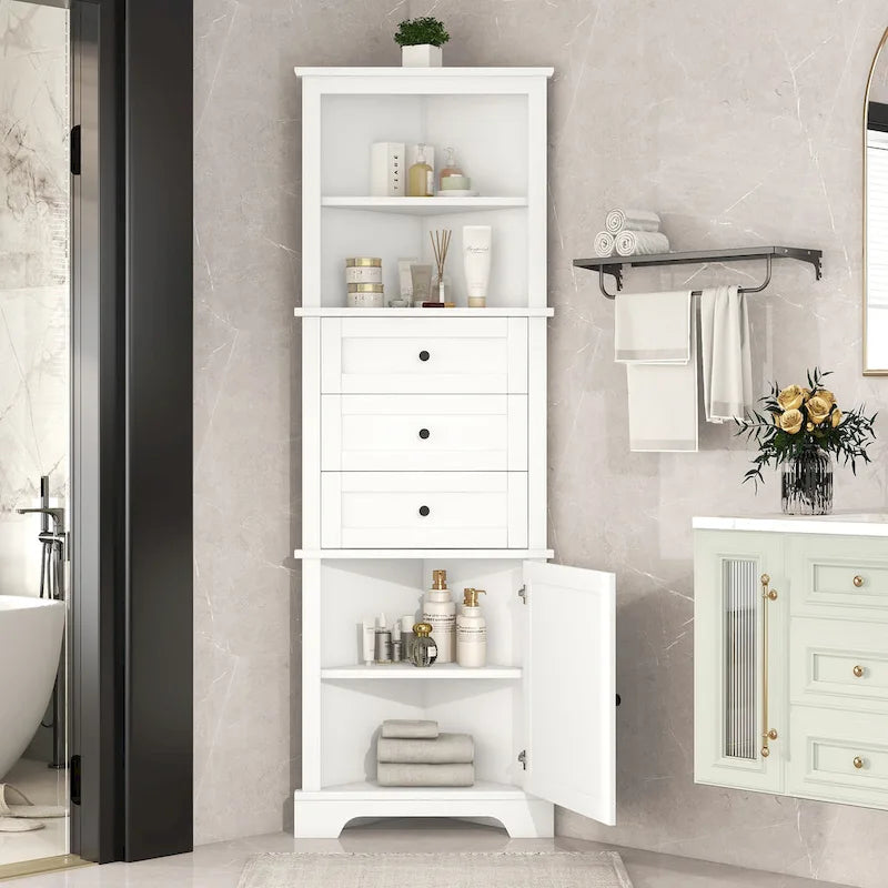 Meuble haut d'angle avec 3 tiroirs et étagères réglables pour salle de bain