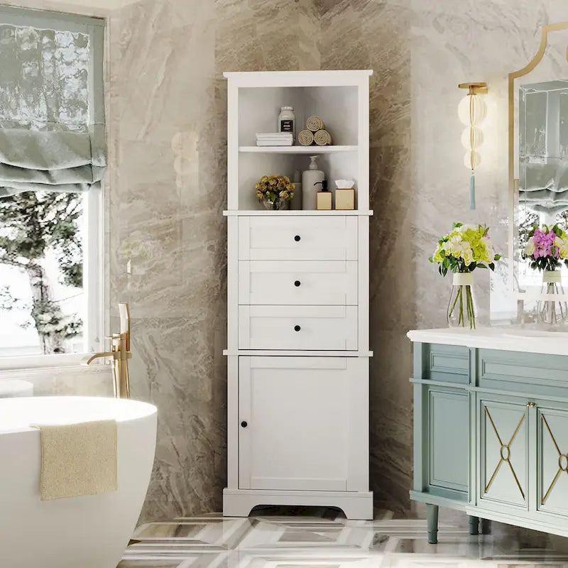 Meuble haut d'angle avec 3 tiroirs et étagères réglables pour salle de bain