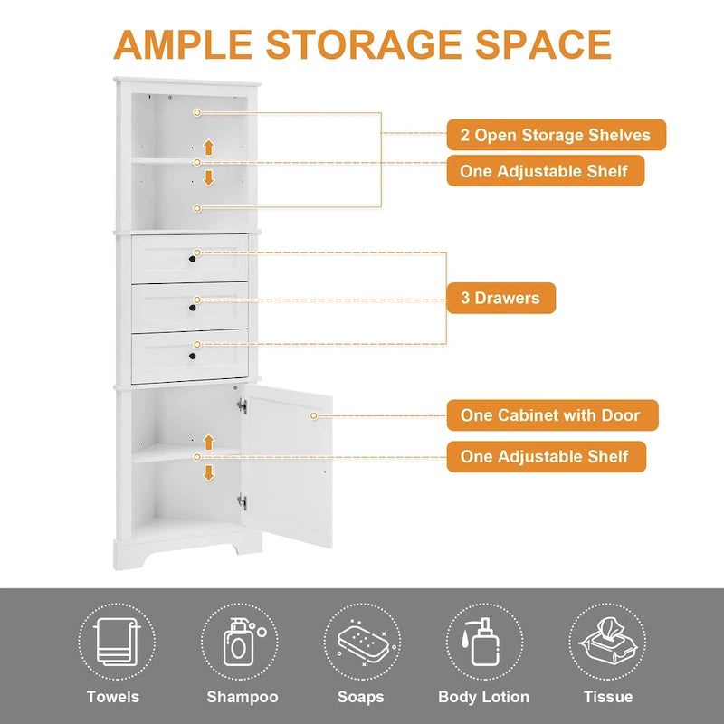 Meuble haut d'angle avec 3 tiroirs et étagères réglables pour salle de bain