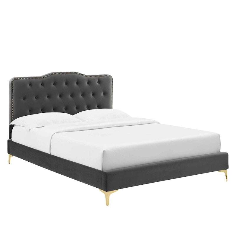 Lit Plateforme Capitonnée en Velours Performance Jumeau
