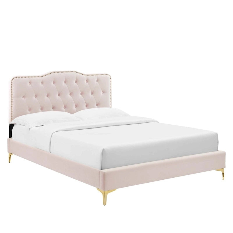 Lit Plateforme Capitonnée en Velours Performance Jumeau