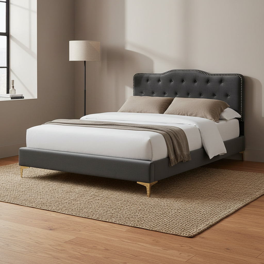 Lit Plateforme Capitonnée en Velours Performance Jumeau