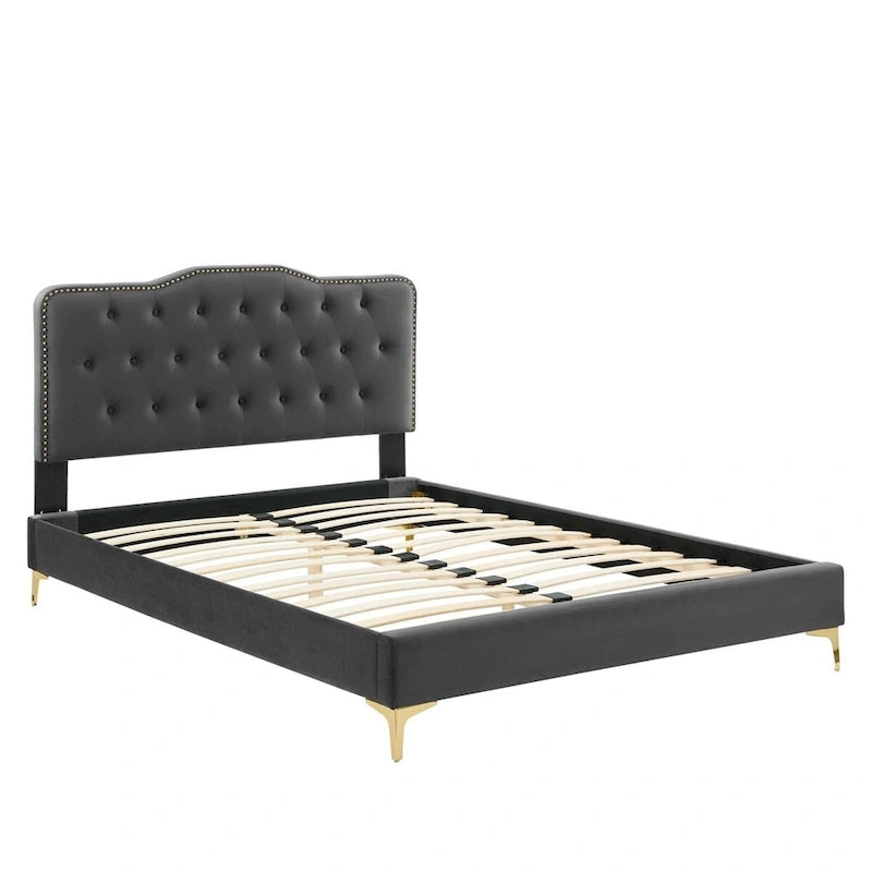 Lit Plateforme Capitonnée en Velours Performance Jumeau