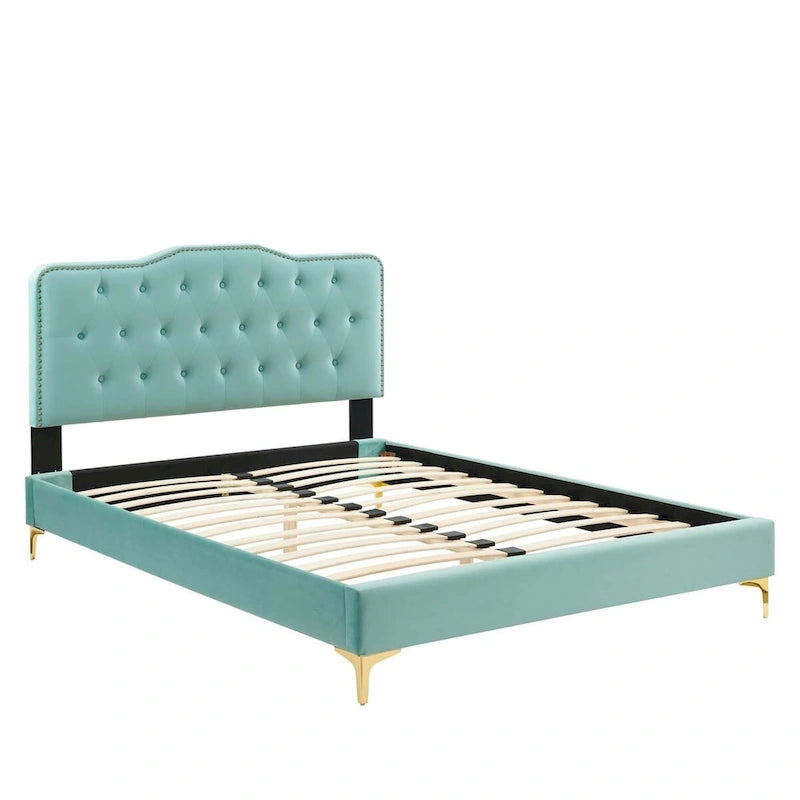 Lit Plateforme Capitonnée en Velours Performance Jumeau