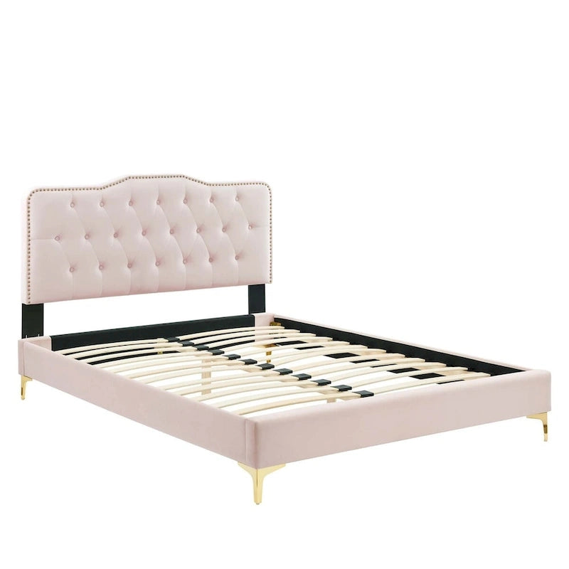 Lit Plateforme Capitonnée en Velours Performance Jumeau