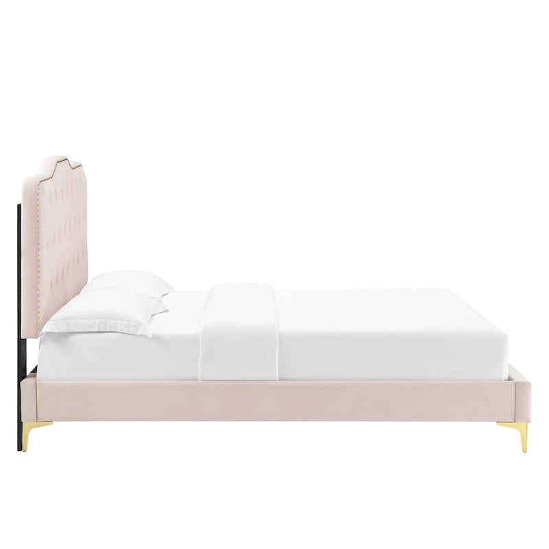 Lit Plateforme Capitonnée en Velours Performance Jumeau