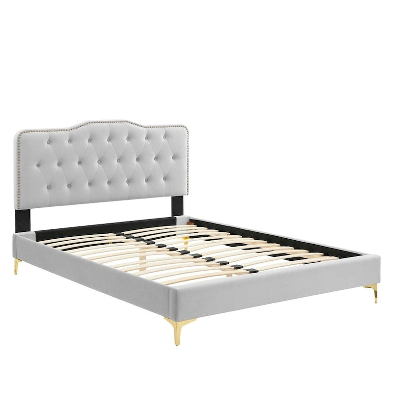 Lit Plateforme Capitonnée en Velours Performance Jumeau
