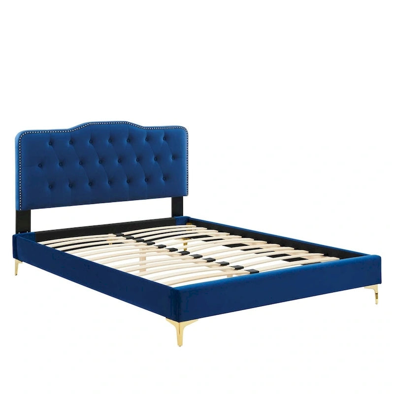 Lit Plateforme Capitonnée en Velours Performance Jumeau