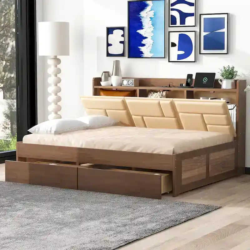 Lit de repos double en bois avec ports USB et tiroirs