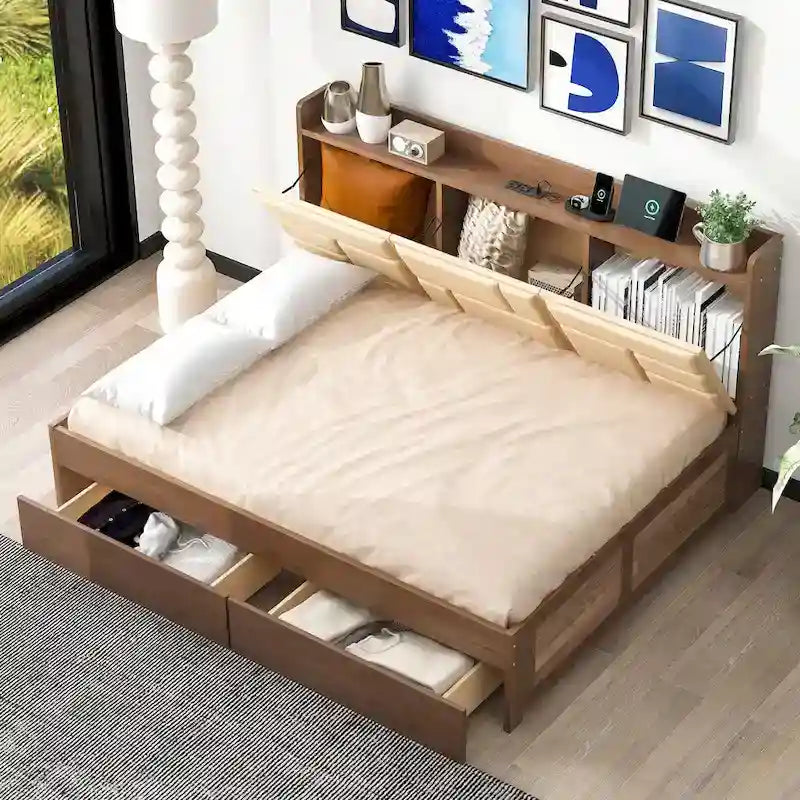 Lit de repos double en bois avec ports USB et tiroirs