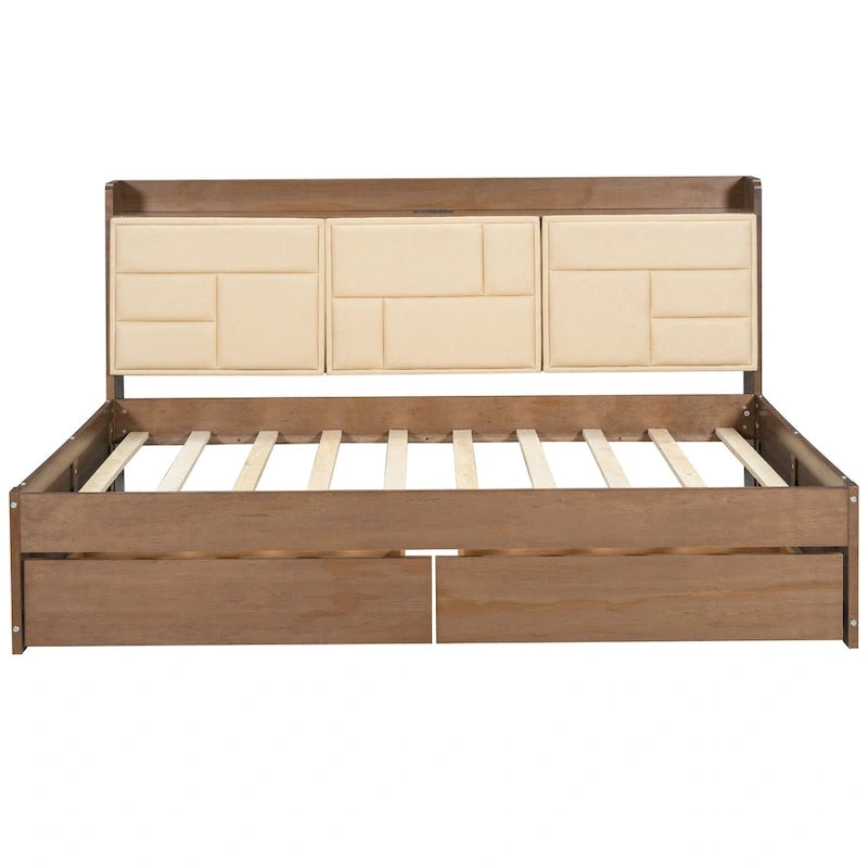 Lit de repos double en bois avec ports USB et tiroirs
