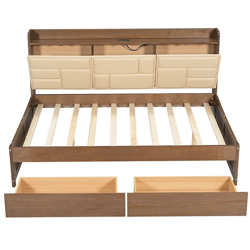 Lit de repos double en bois avec ports USB et tiroirs
