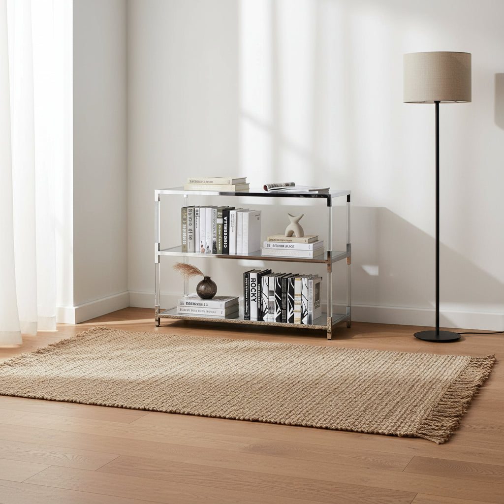Metal and Glass Sofa Table with 2 Open Shelves, Silver and Clear