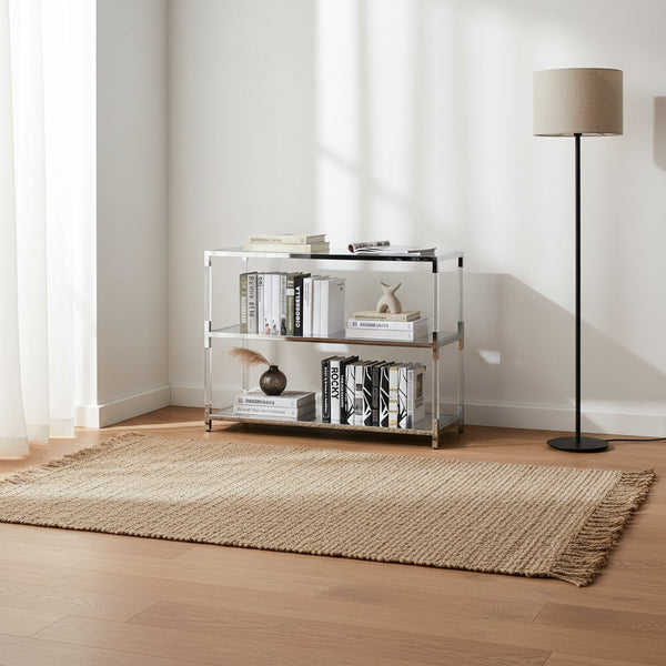 Metal and Glass Sofa Table with 2 Open Shelves, Silver and Clear