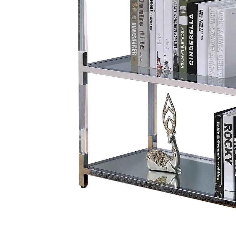 Table de canapé en métal et verre avec 2 étagères ouvertes, argent et transparent
