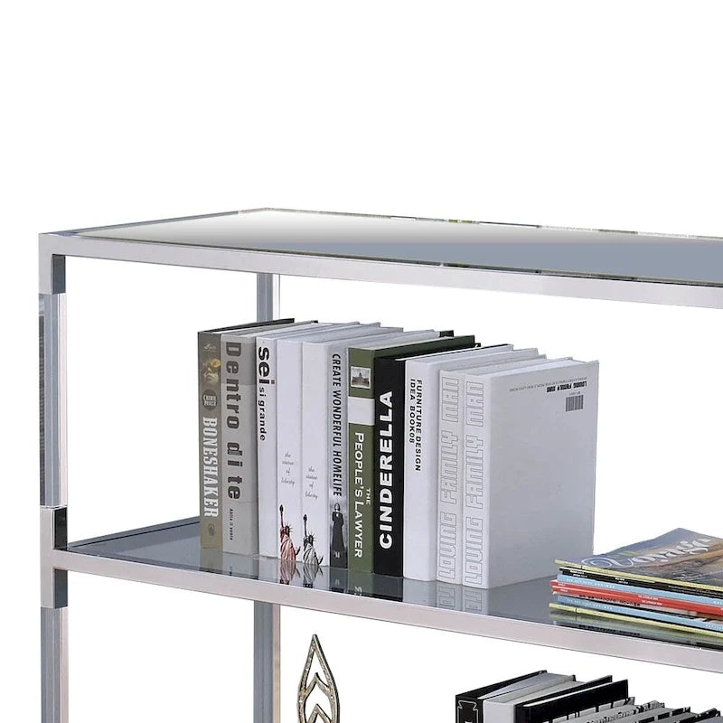 Table de canapé en métal et verre avec 2 étagères ouvertes, argent et transparent