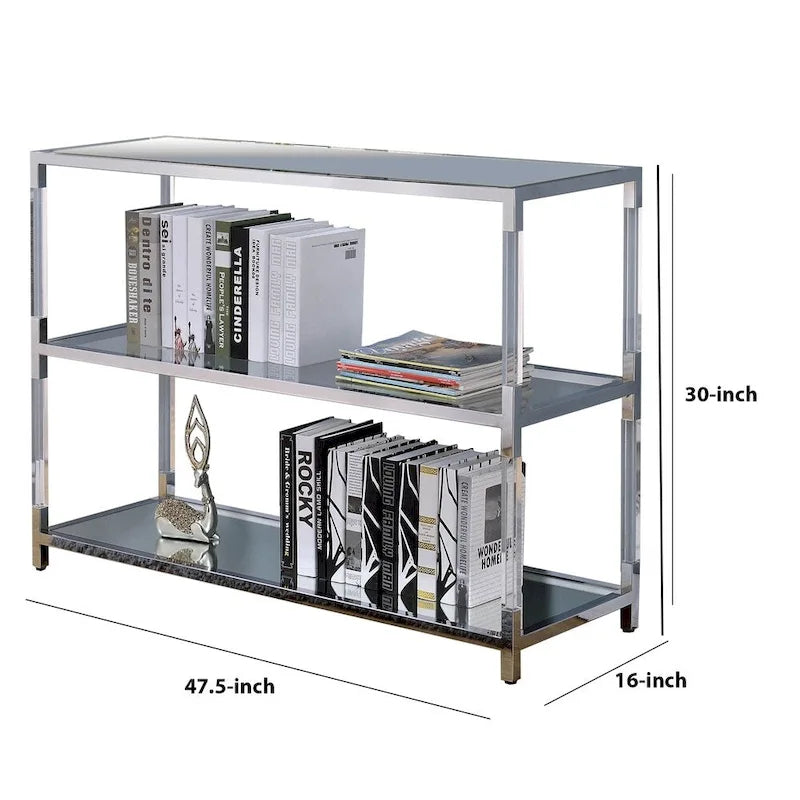 Table de canapé en métal et verre avec 2 étagères ouvertes, argent et transparent
