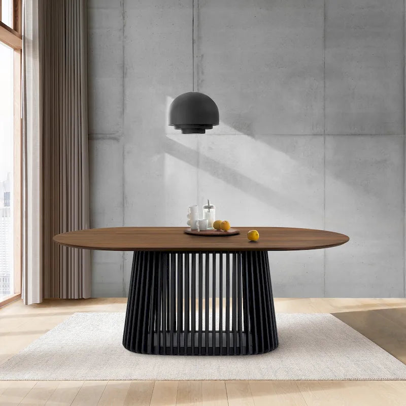 Table à manger ovale de 79 pouces en bois massif avec piédestal à lattes