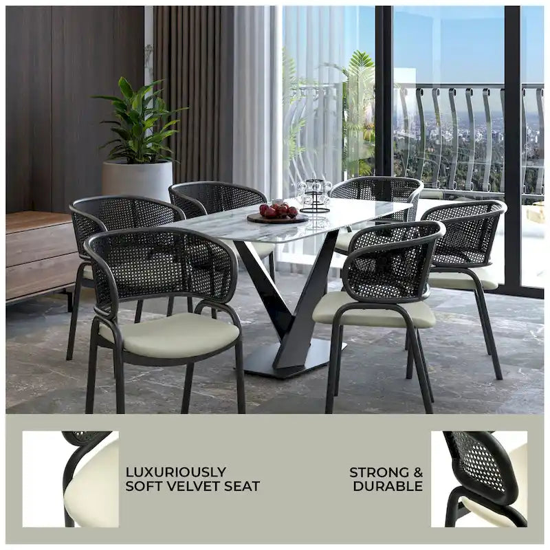 Chaise de salle à manger moderne capitonnée avec fauteuil confortable et pieds en fer noir pour salle à manger, cuisine, patio