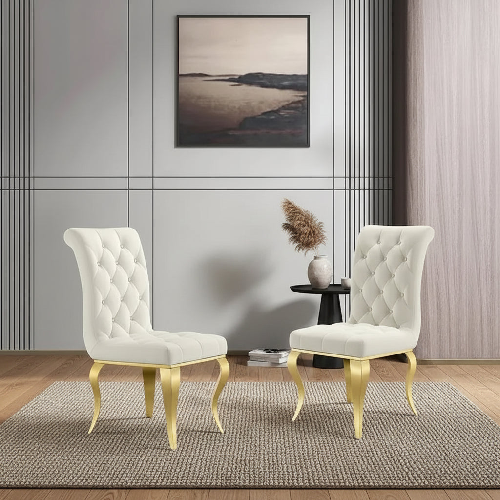 Luxury White Velvet Dining Chairs with Crystal Decor Button Tufted Back and Gold Metal Legs